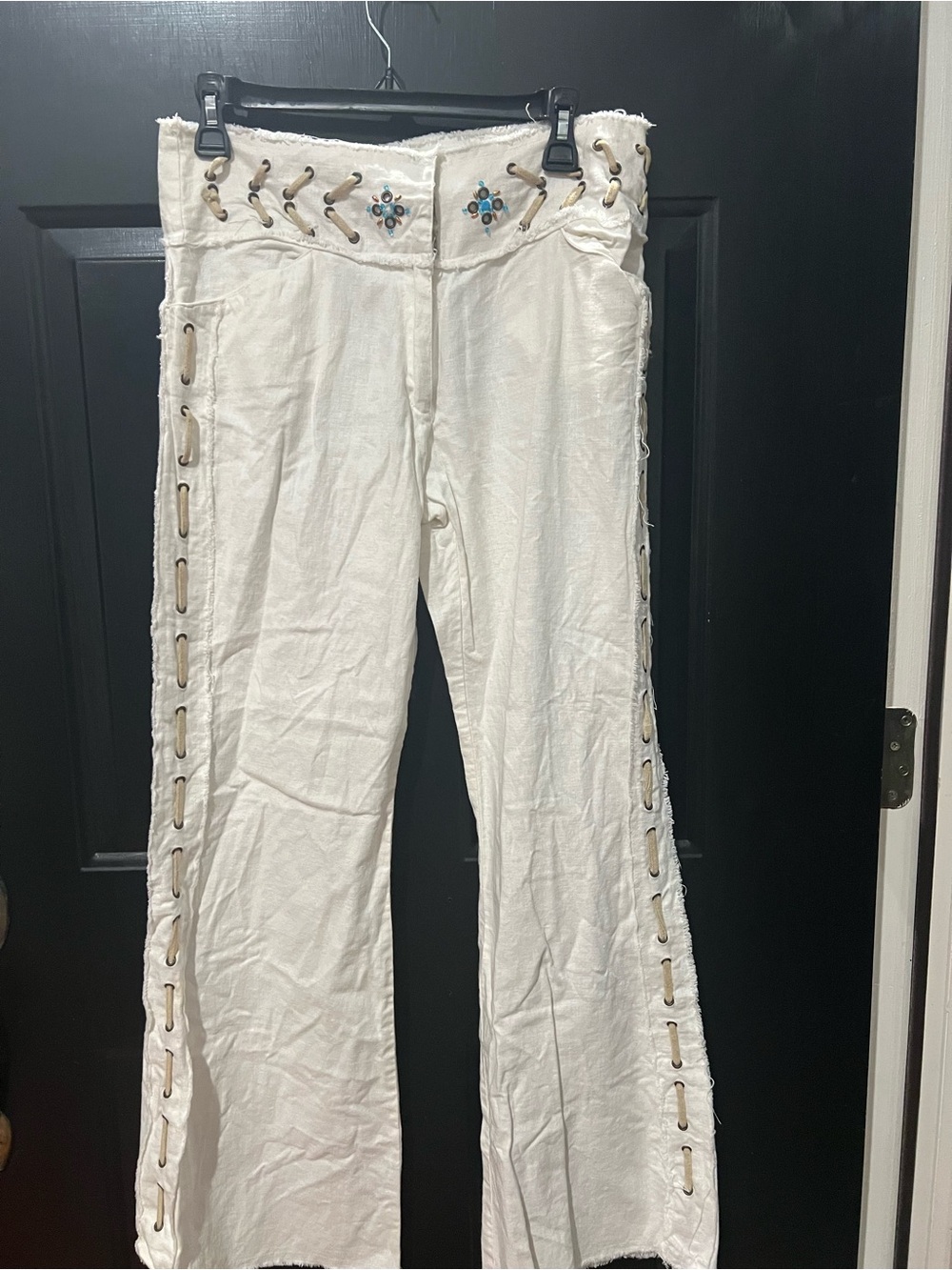 Ashley By 26 International White Wide-Leg Lace-Up Pants with Turquoise Accents